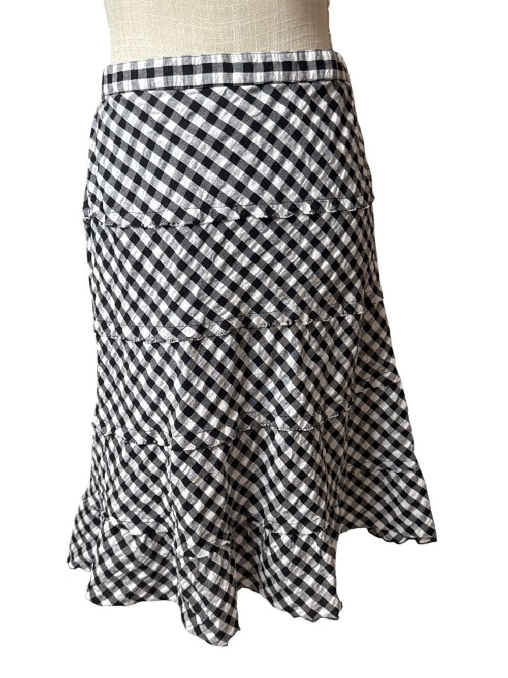 Studio West Black & White Gingham Tiered Midi Skirt XL Lightweight Cotton Blend